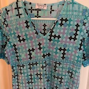 Averardo Bessie Ladies V-Neck Patterned Blouse - Aqua Multi